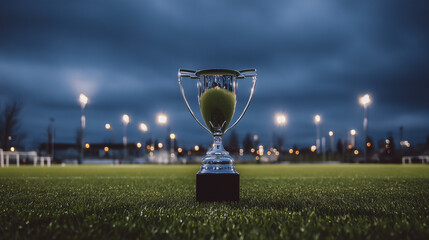 Empty soccer field at dusk with stadium lights and a trophy in the center. event key visuals, club posters, designed for sports event promotions and stadium branding, boosts motivation.