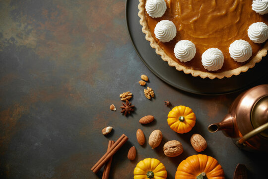Overhead shot of a pumpkin pie with whipped cream surrounded by mini pumpkins nuts and spices a festive autumn dessert