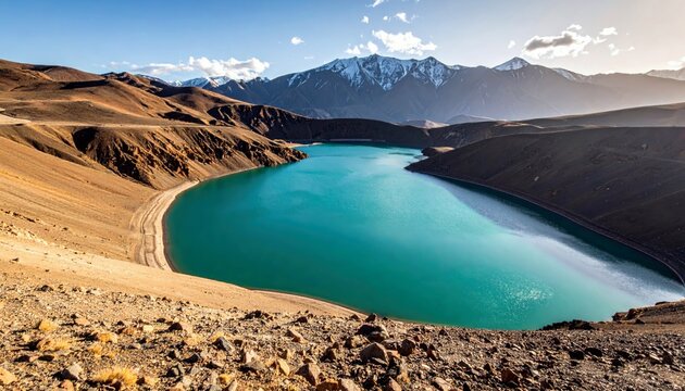 A vibrant turquoise lake is surrounded by rugged, arid mountain slopes, with snow-capped peaks visible in the distance. - Powered by Adobe
