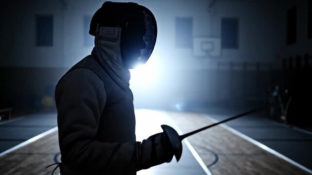 Silhouette fencer standing in action on a fencing strip, demonstrating the beginning and ready stance.