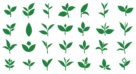A comprehensive collection of diverse green leaf vector icons perfect for organic and nature-themed graphic design projects