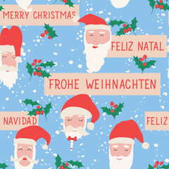 Seamless pattern with portraits of Santa Clauses. Merry Christmas in English, Spanish, Portuguese, German. Holiday background for wallpapers, textile, wrapping paper