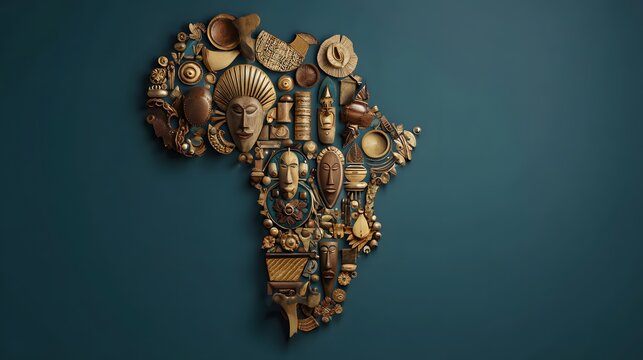 Continent shape intricately composed of carved wooden cultural artifacts against a dark backdrop