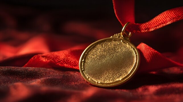 Blank golden medallion hangs from a bright red ribbon against a dark, draped fabric background