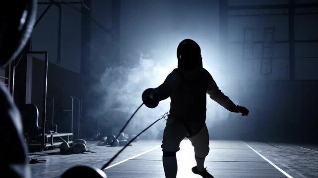 Two fencers in silhouette on a dark, smoky arena, ready to duel with their foils in a dynamic fencing match.