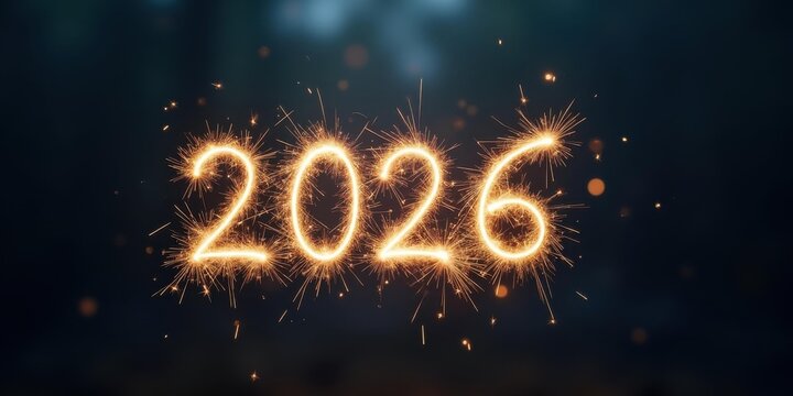 New Year 2026 sparkler light painting — golden numbers on dark teal bokeh