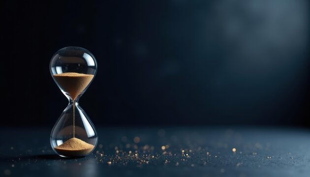 Macro Hourglass with Golden Sand, Dark Bokeh — Urgency Deadline Banner