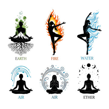 "Five Element Yoga Poses with Earth, Fire, Air, Water, and Ether Symbols &ndash; Spiritual Balance Vector Illustration"

