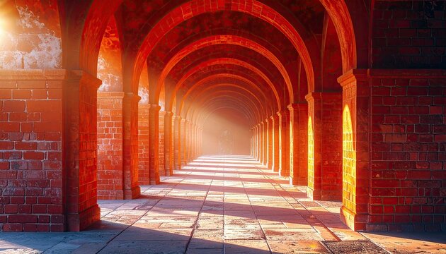 A long, repeating pattern of brick arches and columns creates a tunnel effect, illuminated by warm sunlight.