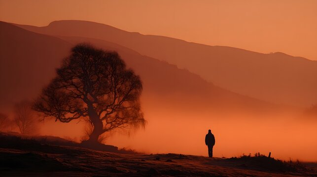 Solitary figure stands before a silhouetted tree amidst orange morning fog in rolling terrain