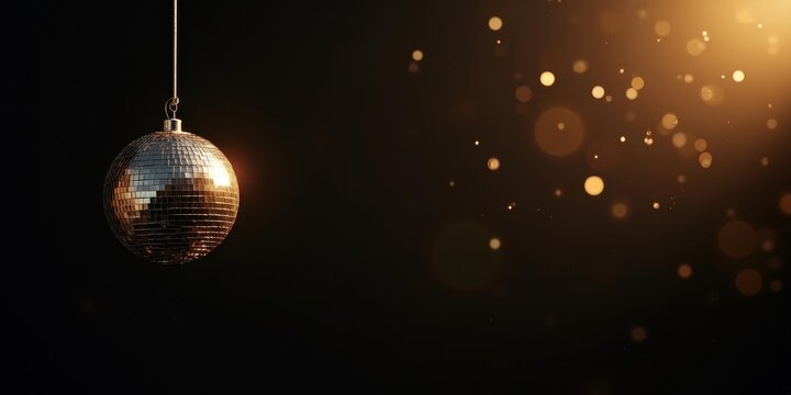 Gold mirror disco ball on black — luxury New Year party banner, copy space