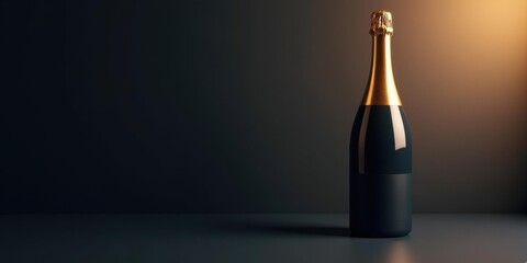 Minimalist black champagne bottle with gold-foil matte label, warm rim light on dark gradient — left copy space for New Year holiday banner