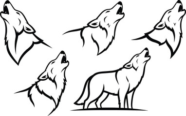 Stylized howling wolf illustrations, varied poses and artistic styles, black and white vector animals, minimal design, nature concept, forest symbolism, wildlife art