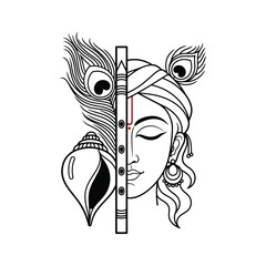 lord krishna vector illustration half face, flute, peacock feathers, conch shell outline