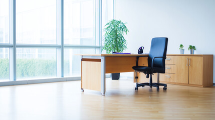 Modern office space featuring a clean desk and chair in a contemporary professional setting. real-estate listings.
