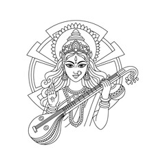 Goddess Saraswati vector illustration Hindu deity with veena instrument outline