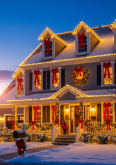 Obraz premium Casa decorada para o Natal com luzes e enfeites na neve