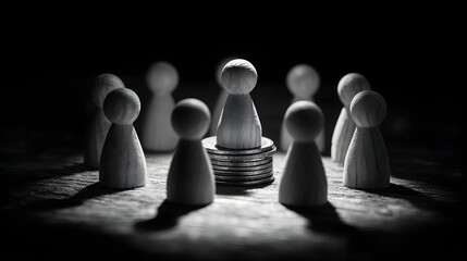 Monochrome composition of wooden pawn figures with central leader concept