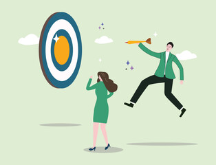 The illustration shows a man aiming a dart at a bullseye, symbolizing focus, determination, and goal achievement. It represents the pursuit of clear objectives and the drive for professional success.