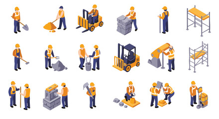 Isometric construction workers and building equipment icons on white background illustrating various tasks and industrial tools used in architecture