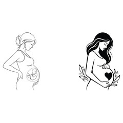 pregnant women vector illustration expecting mothers with fetus and heart, outline art