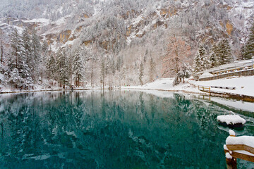 Lake Blausee in Bernese Highlands during winter, Switzerland