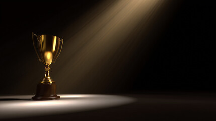 A shining gold trophy on a velvet podium with dramatic spotlight. event key visuals, club posters, designed for fitness apps and gym onboarding, drives event promotion.