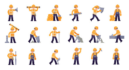 A comprehensive collection of diverse flat design construction worker characters engaged in various building site tasks with essential tools