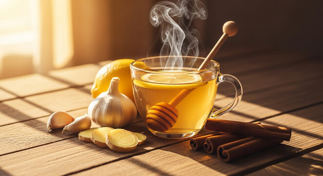 Ch&aacute; medicinal com lim&atilde;o, mel, gengibre, alho e canela