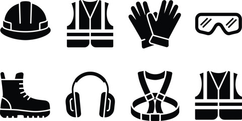 Construction safety equipment icons, personal protective gear, helmet, gloves, goggles, boots, harness, ear protection, safety vest, industrial workplace protection.