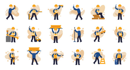 A comprehensive collection of diverse construction worker illustrations, depicting various roles and tools used in building and site management