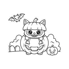 halloween cat vector illustration spooky kitten in pumpkin, flying bat, scary outline