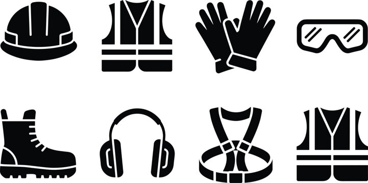 Construction safety equipment icons, personal protective gear, helmet, gloves, goggles, boots, harness, ear protection, safety vest, industrial workplace protection. - Powered by Adobe