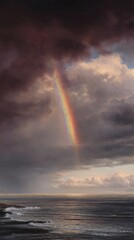 Rainbow over the Ocean: A breathtaking natural scene features a vibrant rainbow arcing gracefully across the stormy sky above a vast ocean, symbolizing hope and serenity after a storm.