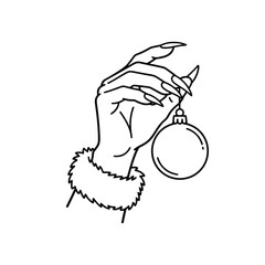 spooky christmas a gothic hand with sharp nails and a furry cuff holding a single bauble