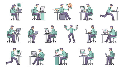 Diverse digital workspace illustrations depicting individuals engaged in various computer-based tasks, showcasing modern office productivity and