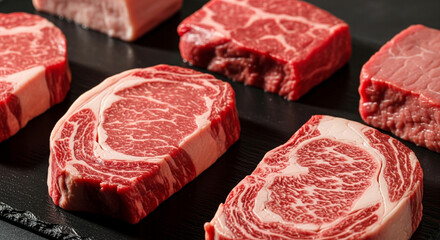 Fototapeta premium Cortes de carne crua com marmoreio sobre superfície escura