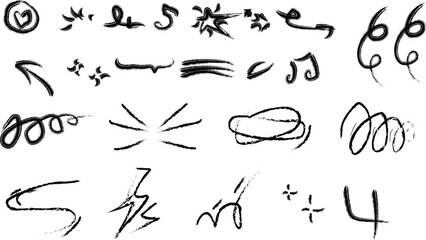 Expressive Symbols: A collection of various hand-drawn ink icons and designs. Each element, crafted with free-flowing strokes, captures spontaneity and personality, ideal for creative projects.