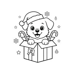 cute puppy wearing santa hat in christmas gift box vector illustration