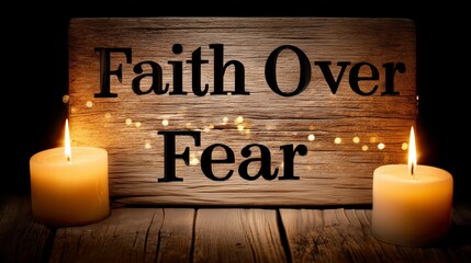 Faith over Fear wooden sign with candles on dark background  
