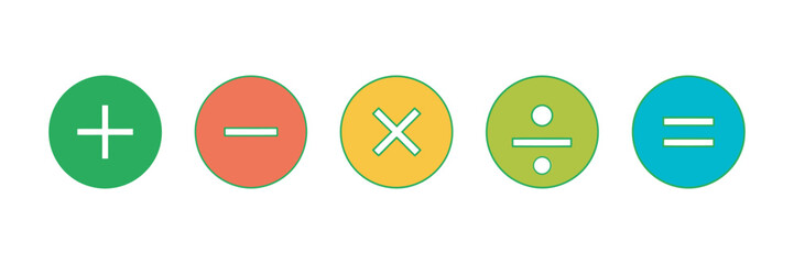 Obraz premium Set of colorful circular icons with basic mathematical operation symbols