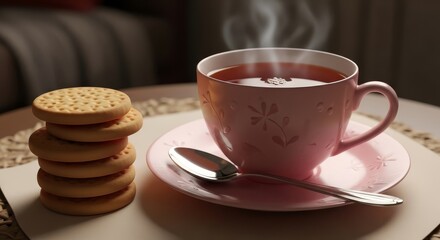 Pink Cup with Tea and Cookies - A steaming pink cup of tea sits beside a stack of cookies. A spoon rests on the saucer in a warm, cozy setting