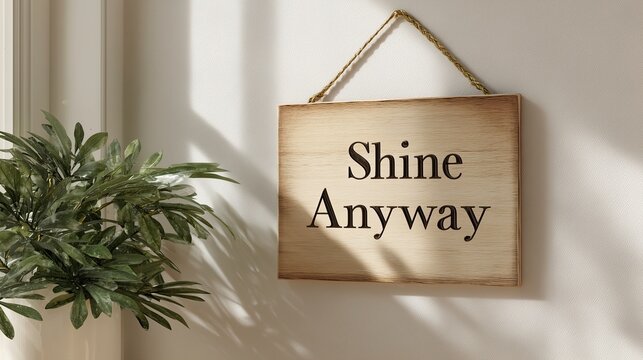 Wooden sign with the phrase "Shine Anyway" and indoor plants   - Powered by Adobe