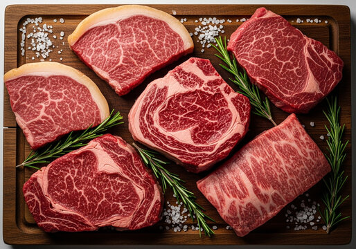 Variedade de cortes de carne bovina crua com sal grosso e alecrim sobre t&aacute;bua de madeira