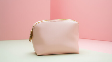 Cosmetic bag placed elegantly against a pink background, product showcase, clean and simple composition. lifestyle magazines.