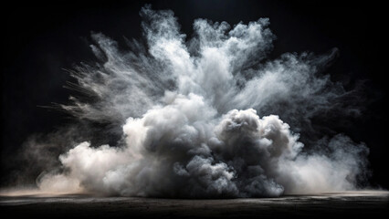 Large White Smoke Explosion Bursting Outward Against Black Background cloud