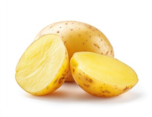 Two whole and halved potatoes, light yellow flesh, speckled skin, against white background