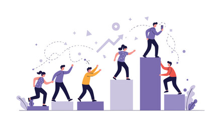 Team members collaborating to climb a career ladder towards success and digital achievement representing business growth and collective advancement