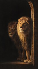 Majestic Lions in a Portal: Two regal male lions, exuding power and grace, stand within a stone portal, their gaze fixed with unwavering intensity and noble presence. 