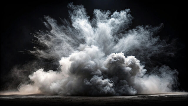 Large White Smoke Explosion Bursting Outward Against Black Background cloud